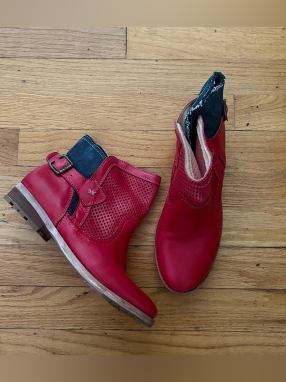 Stockerpoint Red Leather & Denim Ankle Boots Buckle Moto Euro 38 US 8